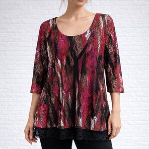 Clientele Lace Overlay Top Red Black Abstract Print 3/4 Sleeve Flowy Blouse